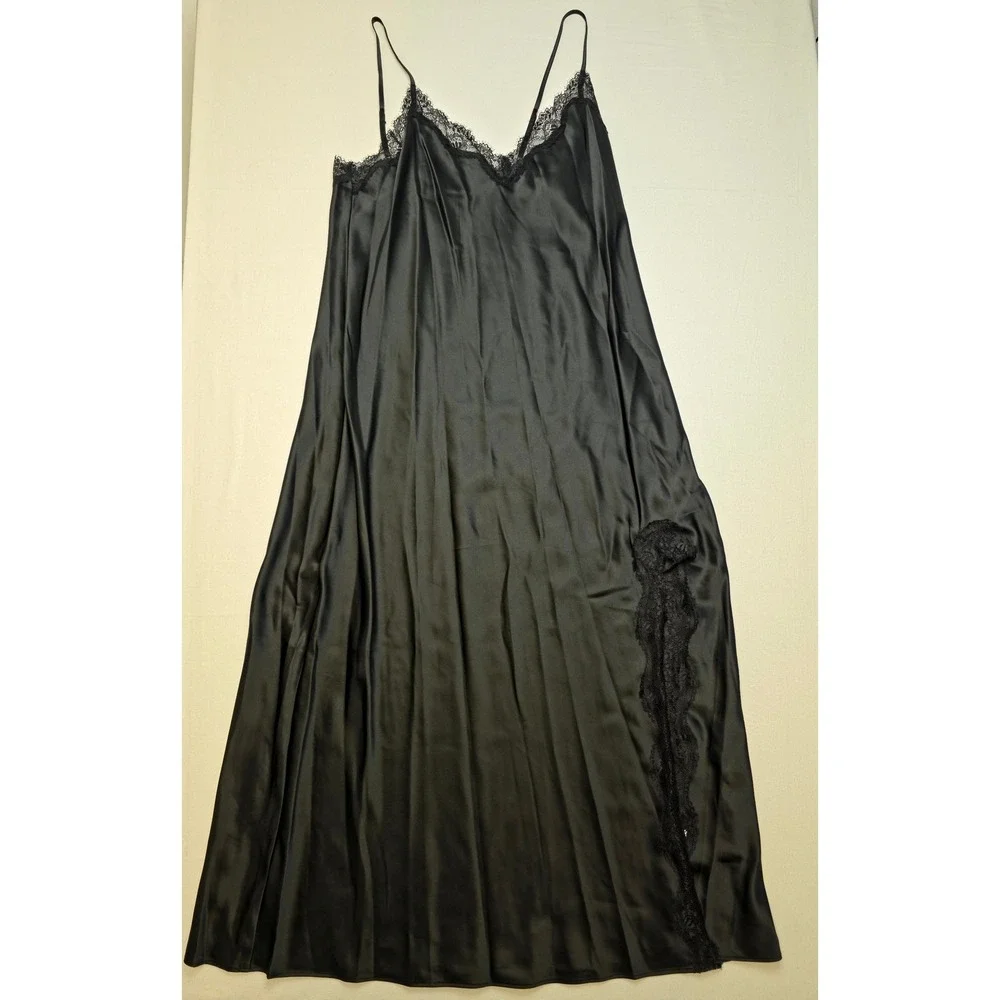 INC International Concept Women Nightgown Medium Black Satin Lace Slip Dress NWT